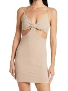 Elodie taupe ribbed cutout mini bodycon spaghetti strap dress - S